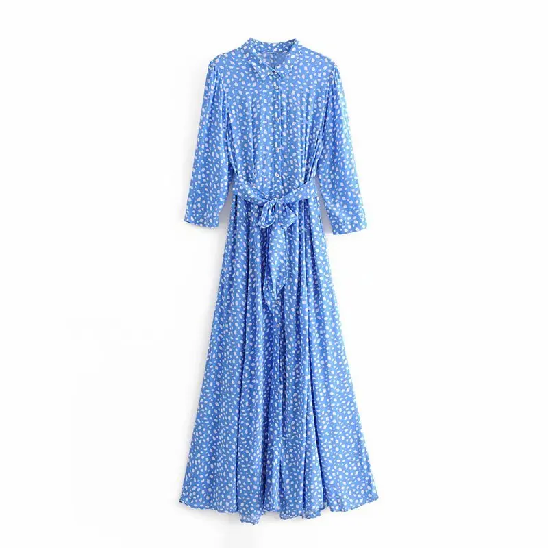 Женское винтажное синее длинное платье с принтом, Платье макси с длинным рукавом и отложным воротником, повседневное осеннее платье трапециевидной формы с поясом, большие размеры