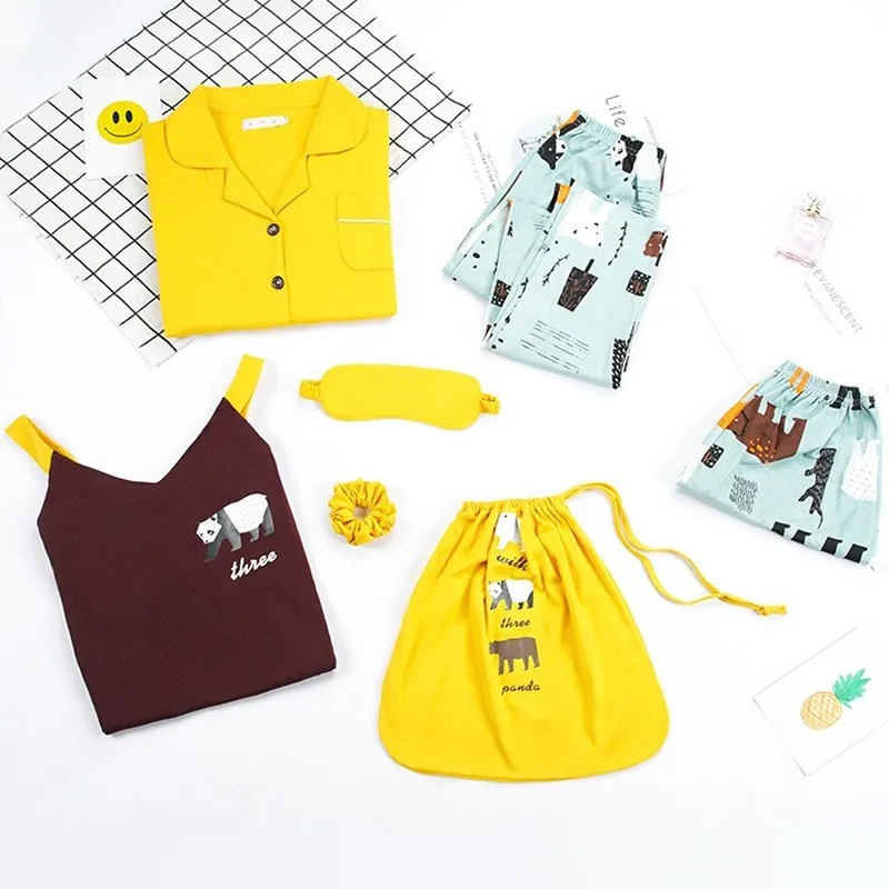 

QWEEK Ladies Pyjamas 7 Piece Sexy Summer Lingerie Cotton Pajamas Female 2019 Cartoon Print Pijamas Women Nightwear Dropshipping