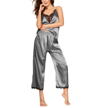 

Women Pajamas Set Simulation Silk Home Wear Sexy Lace Stitching Sling Top Pants Two-piece Set Sleepwear New Arrival