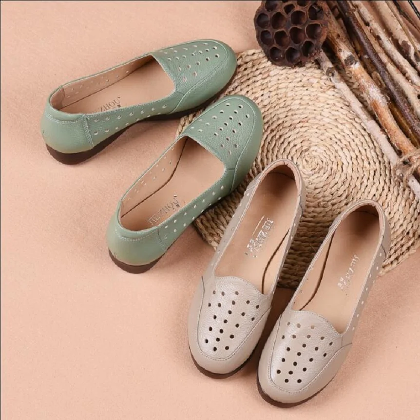 

RUSHIMAN Fashion Genuine Leather Summer Shoes Woman 2019 Flat Heel Hollow Out Leather Slip On Shoes For Women Soft Breathable