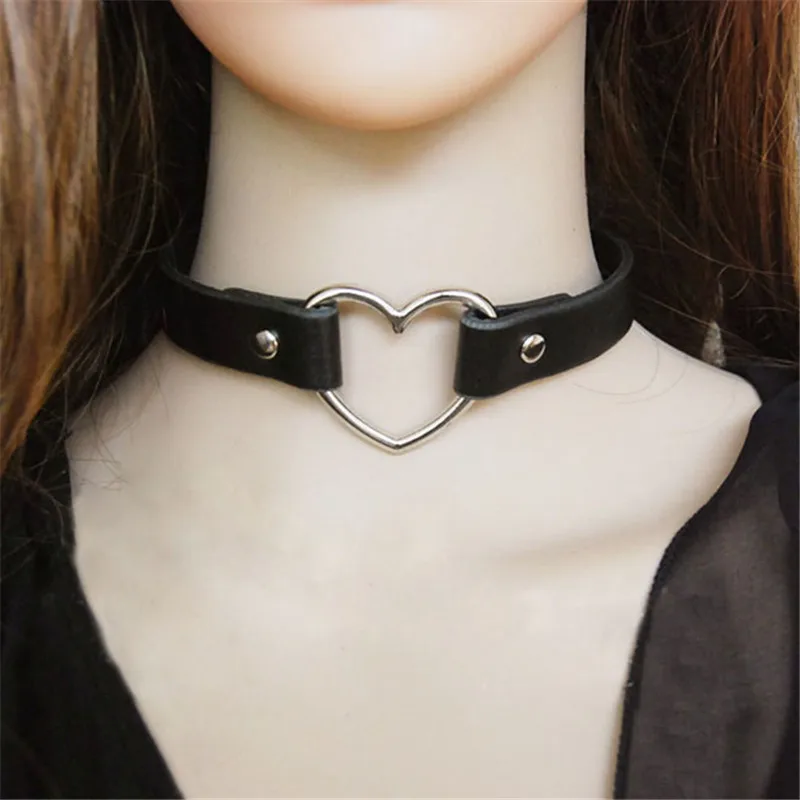PiercingJ Регулируемый воротник ожерелье черный кожаный сердце панк готический