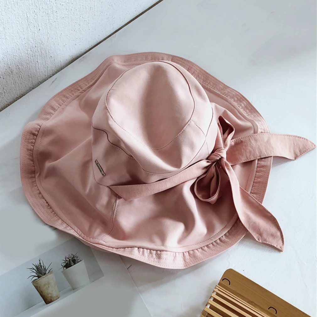 light pink Новая женская хлопковая Солнцезащитная складная шляпа с бантом, женская летняя пляжная Рыбацкая шляпа с широкими полями - Цвет: light pink