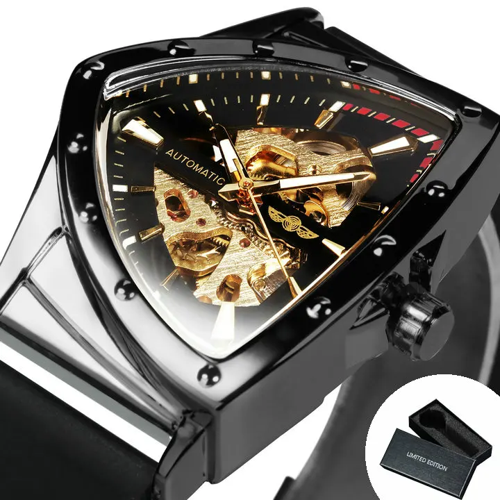 WINNER Sport Military Triangle Skeleton Men Mechanical Wristwatches Luxury Rubber Strap Automatic Luminous relogio masculino 
