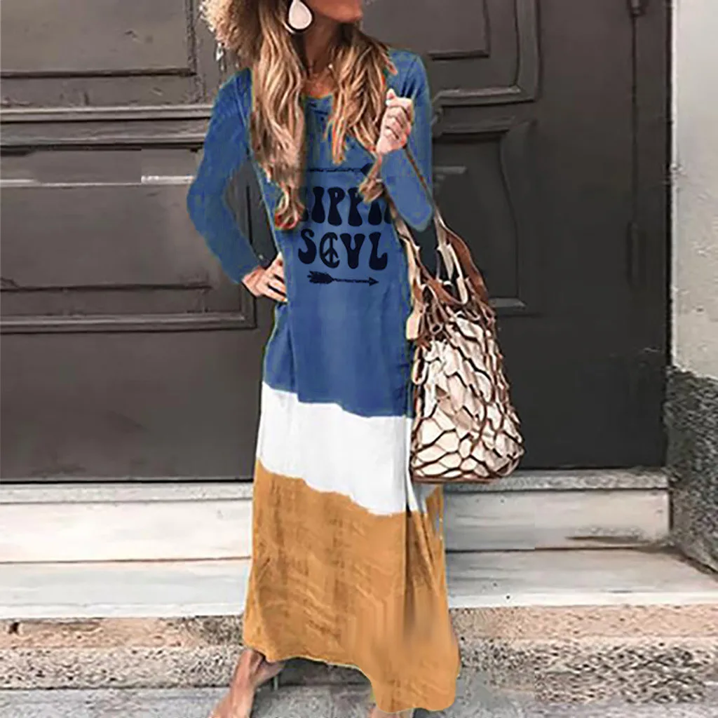 V-Neck Long Sleeve Maxi Dress Fashion Women Loose Letter Color Block Patchwork vestidos largos dresses woman party night | Женская