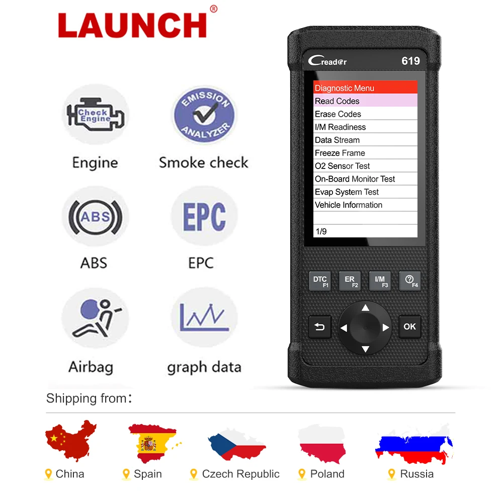 Диагностический сканер OBD2 Launch CR619 для двигателя из АБС пластика SRS ODB 2 считыватель