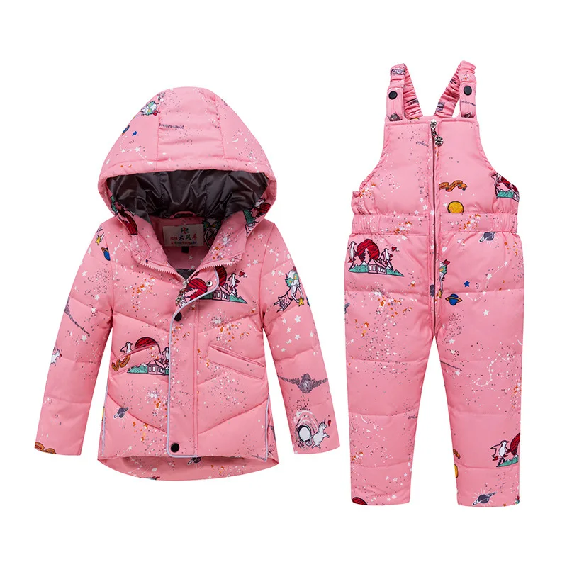Зимние теплые комплекты одежды для детей Зимний комбинезон на утином пуху для маленьких девочек, детский лыжный костюм, зимний комплект для маленьких мальчиков, пуховики+ штаны