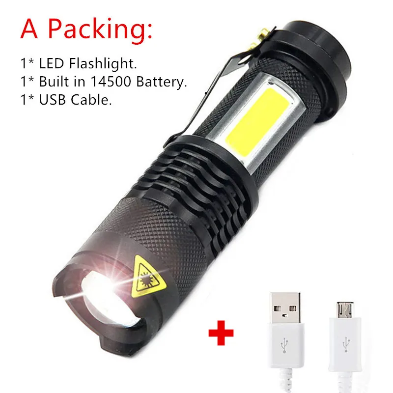 A Packing Мини переносная Рабочая лампа XPE+ COB Светодиодный фонарь, фонарь с зумом, зарядка через USB+ 1* Встроенный аккумулятор 14500 - Испускаемый цвет: A Packing