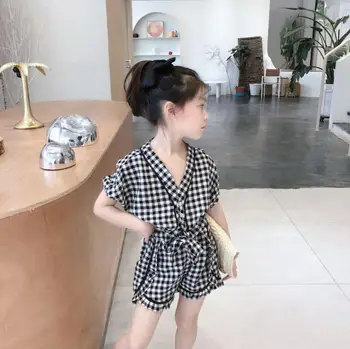 

2020 new girls 2 pcs set plaid blouse+bow shorts fashion summer cotton girls suit 2-7 years HV363