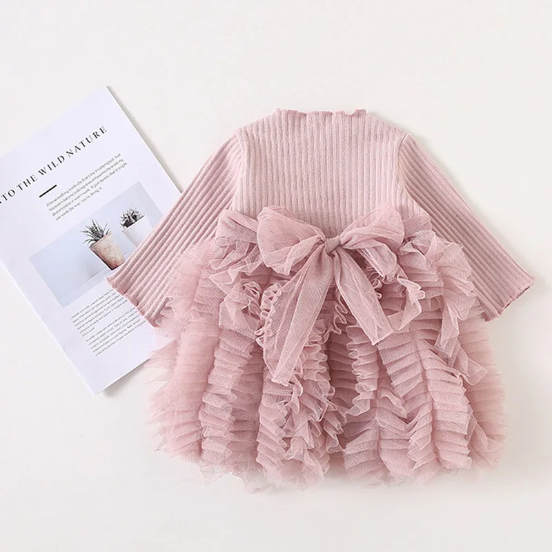 Новое вязаное платье для маленьких девочек, Повседневное платье-пачка принцессы с длинными рукавами Вечерние платья для малышей осенняя одежда для новорожденных от 0 до 2 лет