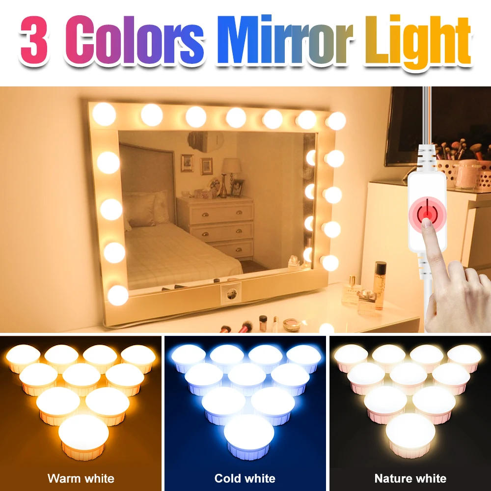 

12V Dressing Table USB Kit Beauty Mirror Light 3 Colors 2 6 10 14 Bulb Dimming Makeup Lamp LED Hollywood Fill Cosmetic Lights