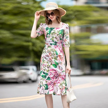 

High Quality 2020 New Women'S Fashion Party Casual Beach Outing Vintage Chic Gentlewoman Elegant Slim Floral Print Dress