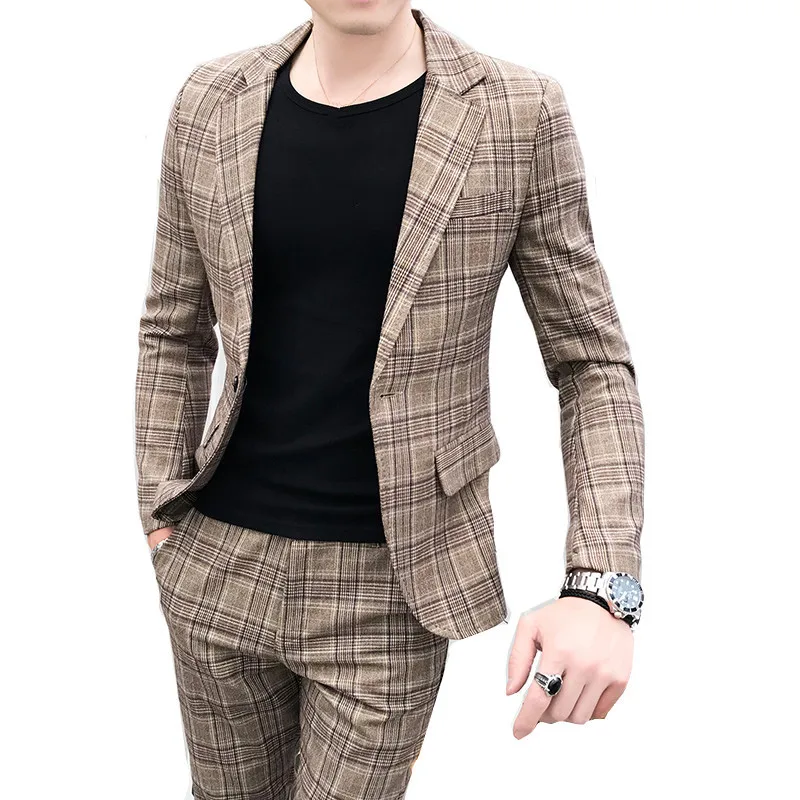 

British style suit two-piece suit (coat + pants) men blazer / 2019 new men suits high quality plaid printed slim suit 2 sets