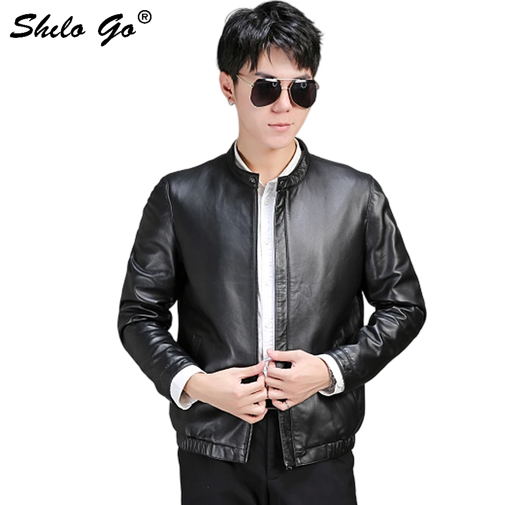 

Genuine Leather Jacket Smart Casual Mock Neck Button Detail Sheepskin Leather Coat Mens Autumn Winter Concise Zip Outwear Black