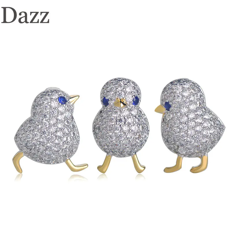 Dazz броши в форме трех цыплят с яркими голубыми глазами Медная брошь из циркония