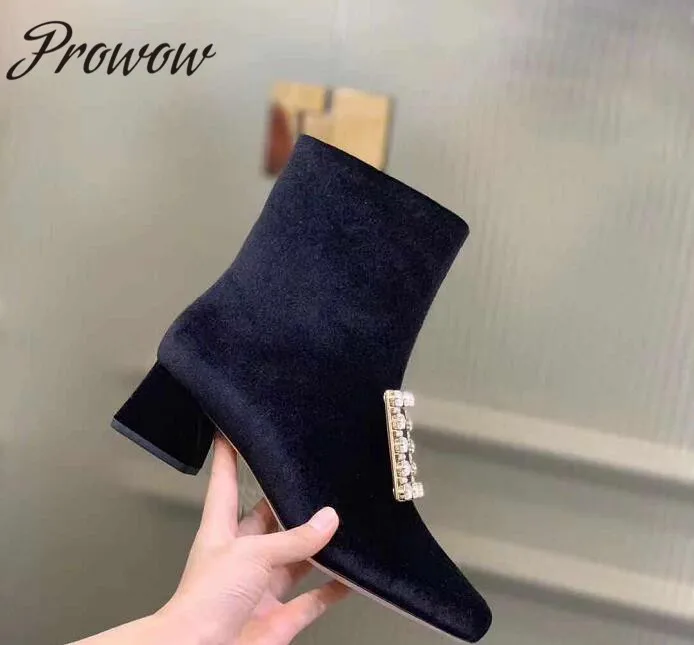 

Prowow New Spring Velvet Square Toe Ankle Boots Zip Side Crystal Beading Thick Heel High Heel Women Boots Shoes Women