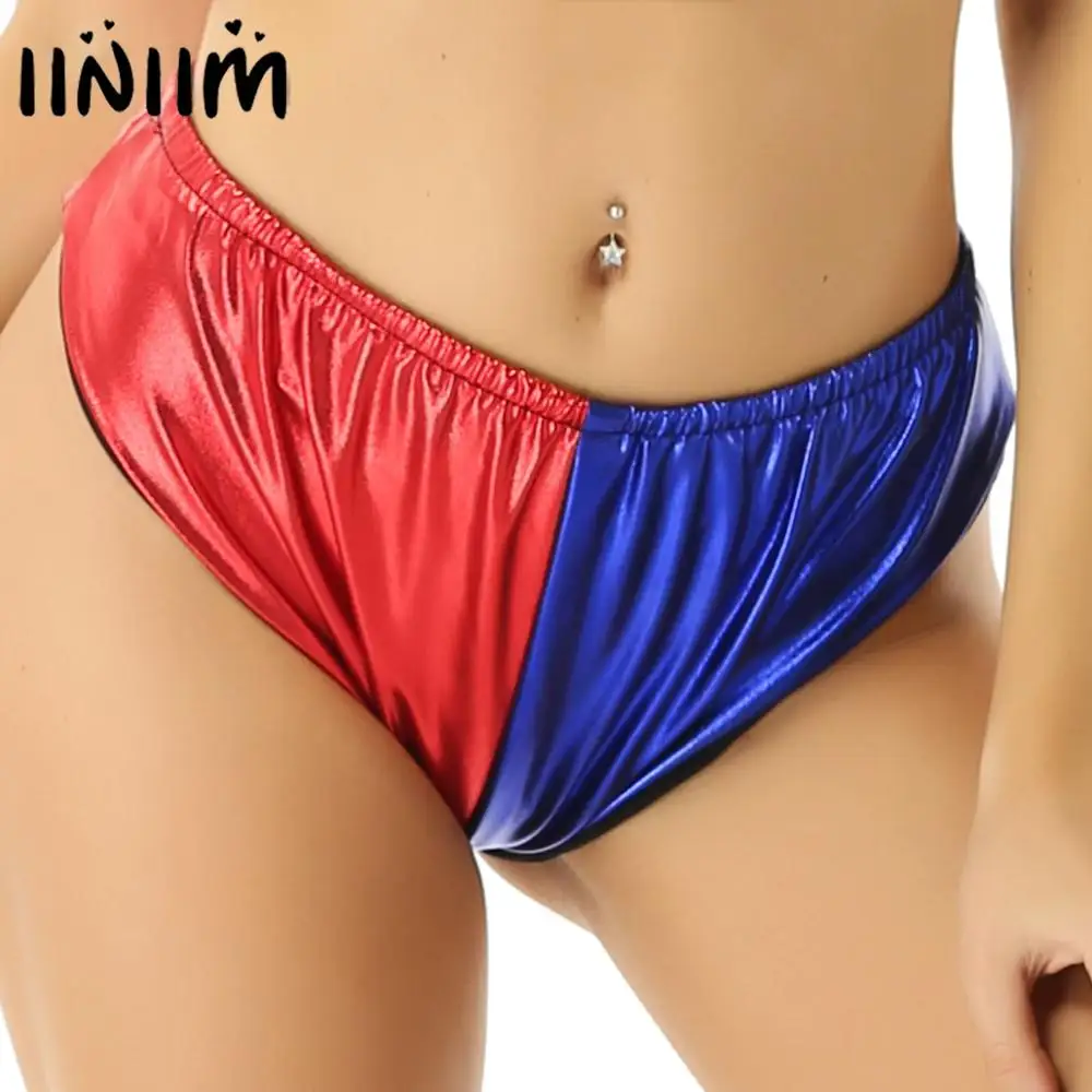 

Women Adults Halloween Panties Jester Cosplay Costume Shiny Metallic Elastic Waist Red and Blue Color Block Hot Booty Briefs