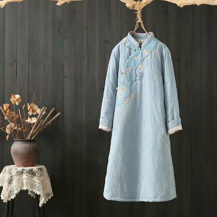 

2019 Winter New Style Chinese Style Stand Collar Frog Embroidery Cotton Linen Slit Cotton Coat Dress Warm Skirt Three-color