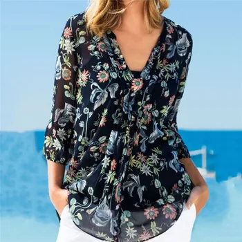 

Ladies Autumn Casual Blouse Shirt Female 2020 New Shirts Womens Blouse Nine Sleeve V neck Floral Tops