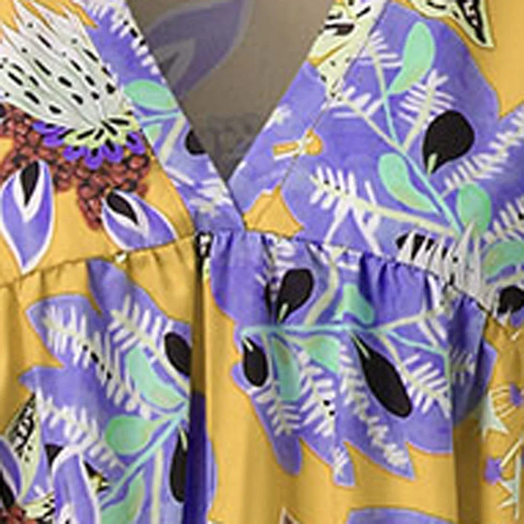 Feitong осенние женские платья Boho Цветочные с длинным рукавом платье Праздничная пляжная рубашка платье дамы печати Мини платье Плюс Размер 7#3a1