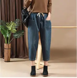 Осенние джинсы Для женщин ретро тонкий тип джинсовые штаны 2019 Новая Женская эластичная кулиска на талии с карманами в стиле «Mori Girl» и