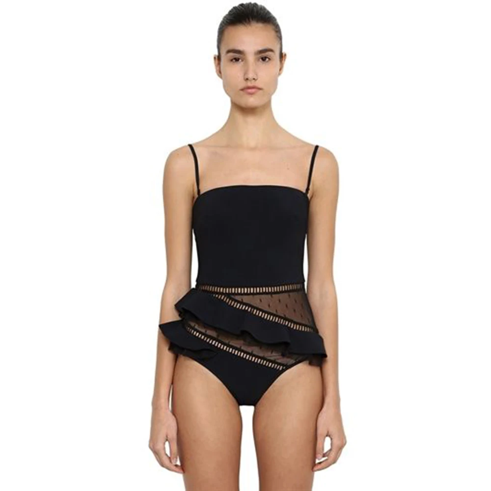 Bandeau Swimsuit Monokini Ruffle Shoulder Bathing-Suits Beach-Wear Black Solid Women