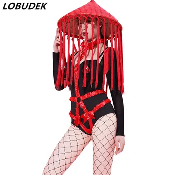 

Vintage Embroidery Red Tassels Black Bodysuit Leading Dancer DJ Jazz Dance Costume Bar Nightclub Sexy Performance Stage Wear