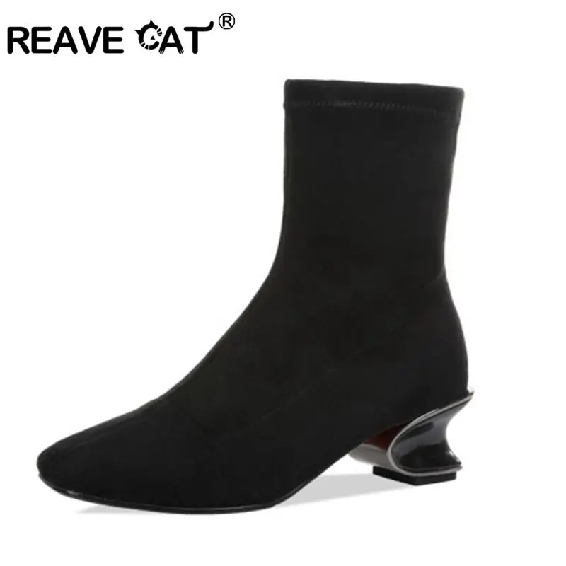 

REAVE CAT real kid suade ankle boots Brand sock boots women stretch booties strange heels autumn spring Shoes