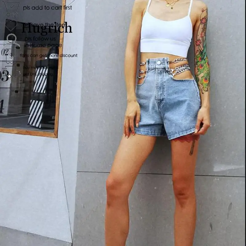 Women Shorts Sexy Denim Shorts Chain Hollow Out High Waisted Summer Jeans Shorts 2021 Fashion New Arrival Blue