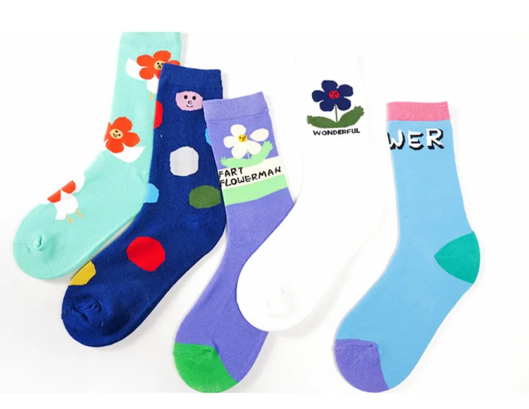 Женские хлопковые носки с цветочным принтом белые синие повседневные креативные