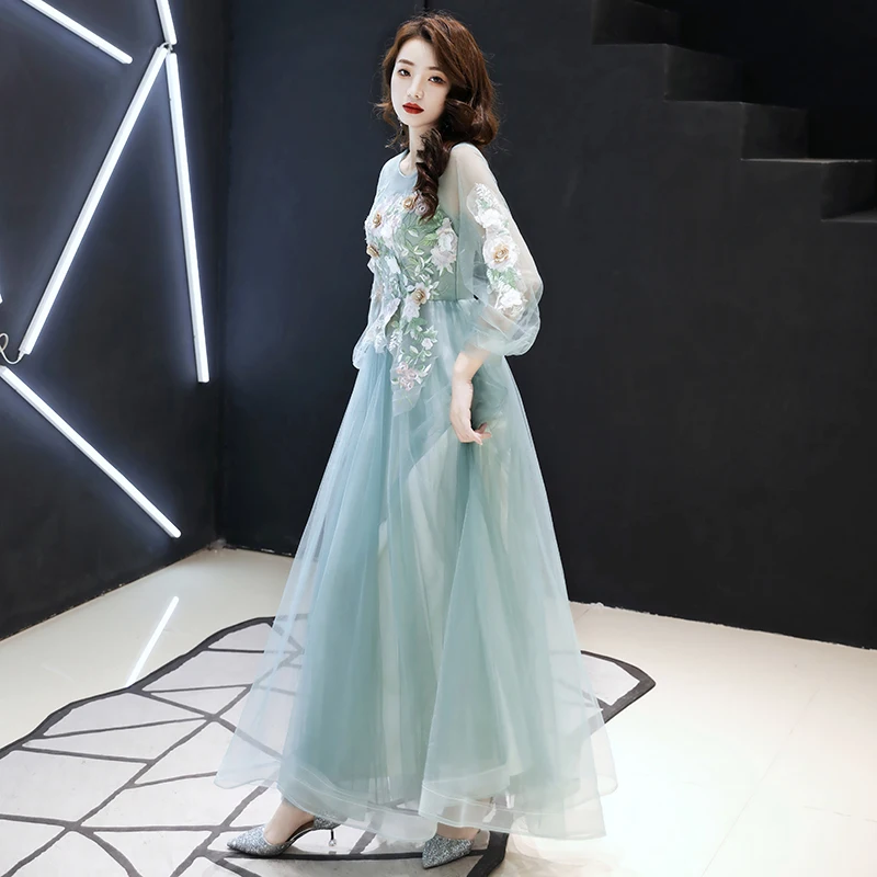 Это Yiiya официальное платье с О-образным вырезом и рукавом три четверти Robe De Soiree LF159 Иллюзия аппликации размера плюс женские вечерние платья