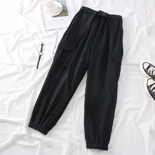 black pants Woherb/осень-зима; Новинка; брюки-карго; однотонные брюки с высокой талией и поясом; повседневные свободные брюки в стиле Харадзюку; модные новые 91159 - Цвет: black pants