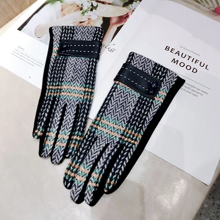 navy blue Pu кожаные полосатые шерстяные перчатки с кнопками для девочек, перчатки с пальцами, толстые перчатки с пятью пальцами, осенние и зимние новые шерстяные белые перчатки - Цвет: navy blue