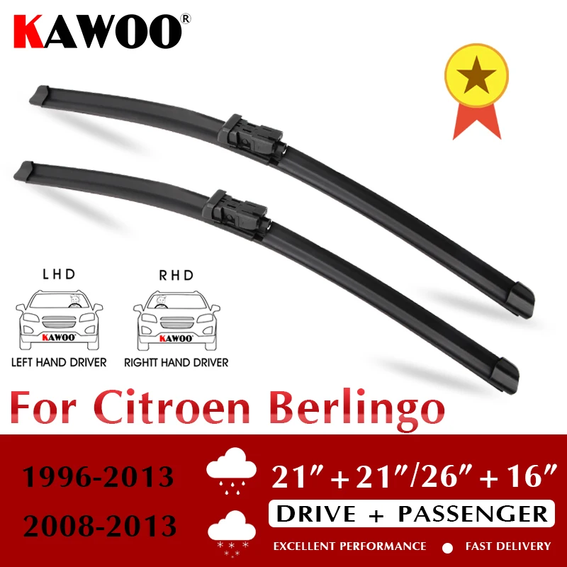 KAWOO For Citroen Berlingo Auto Soft Rubber Windcreen Wipers Blades Model Year From 1996 To 2013 Fit Push Button Arm/U Hook Arm |
