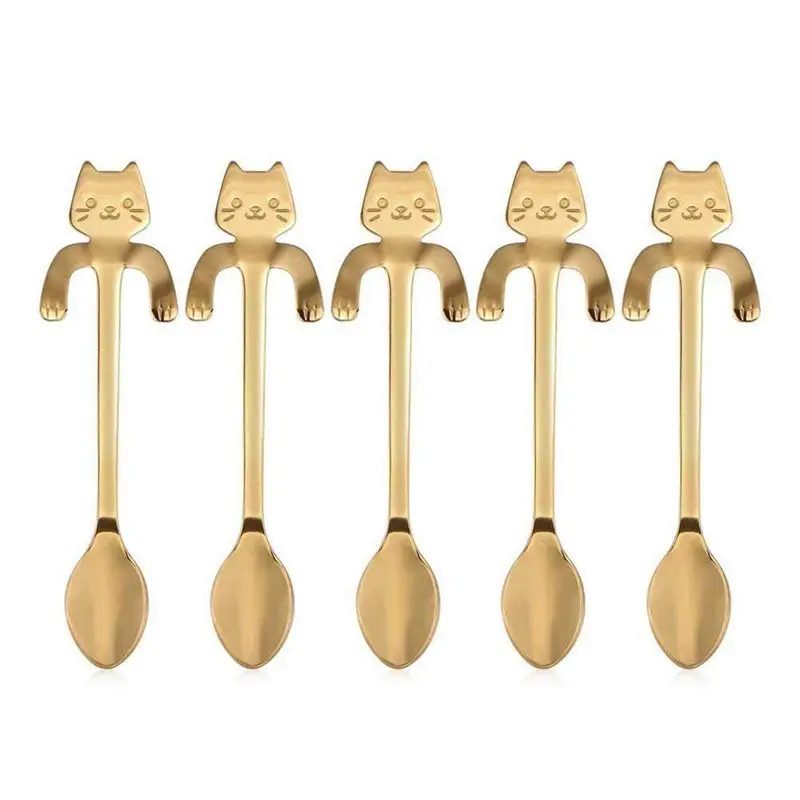 

5 Pcs Mini Cat Coffee Spoon,Stainless Steel Hanging Cup Teaspoons Demitasse Mini Kitten Design Stirring Spoon Cute Utensil(5 Gol