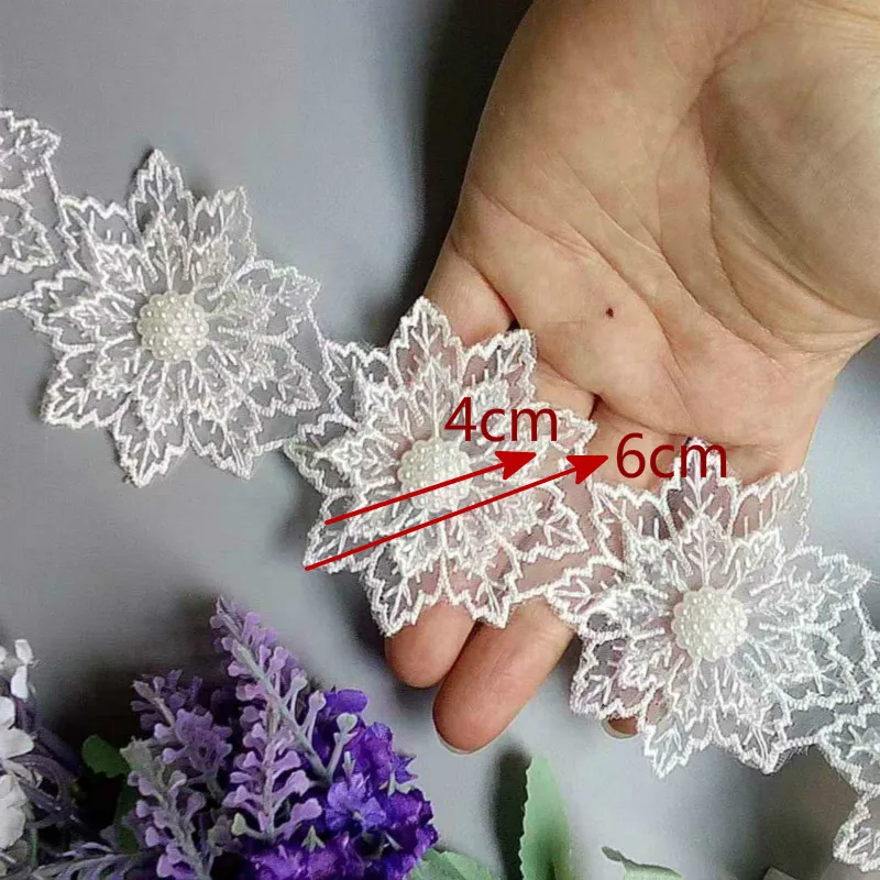 10x White Pearl Handmade Beaded Flower Embroidered Lace Trim Ribbon Double Layered Applique Dress DIY Sewing Craft 6cm New