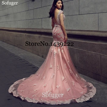 

Dark Pink Mermaid Evening Dresses V Neck Sexy Backless Appliques Dubai Saudi Arabic Special Occasion Formal Prom Custom Made