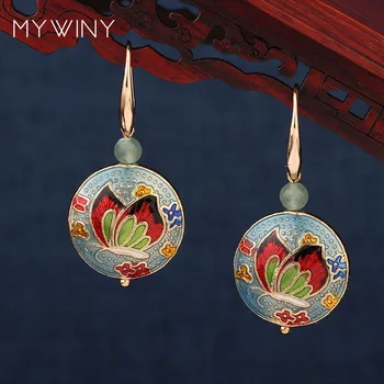 

2 colors MYWINY New fashion copper butterfly jewelry cloisonne enamel earrings, vintage flowers simple earrings