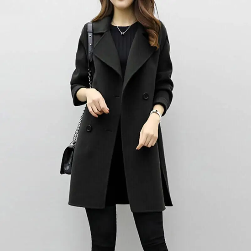 Весенне-осеннее шерстяное пальто для женщин, плюс размер, элегантное Свободное пальто, офисное женское длинное двубортное пальто, женская куртка,, корейский стиль - Цвет: black