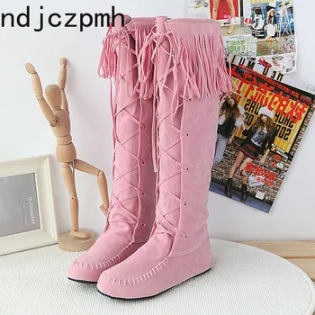 

long boots The New fashion Autumn And Winter Round head tassel Lace up Comfortable Non-slip flat knee high boots plus size 34-43