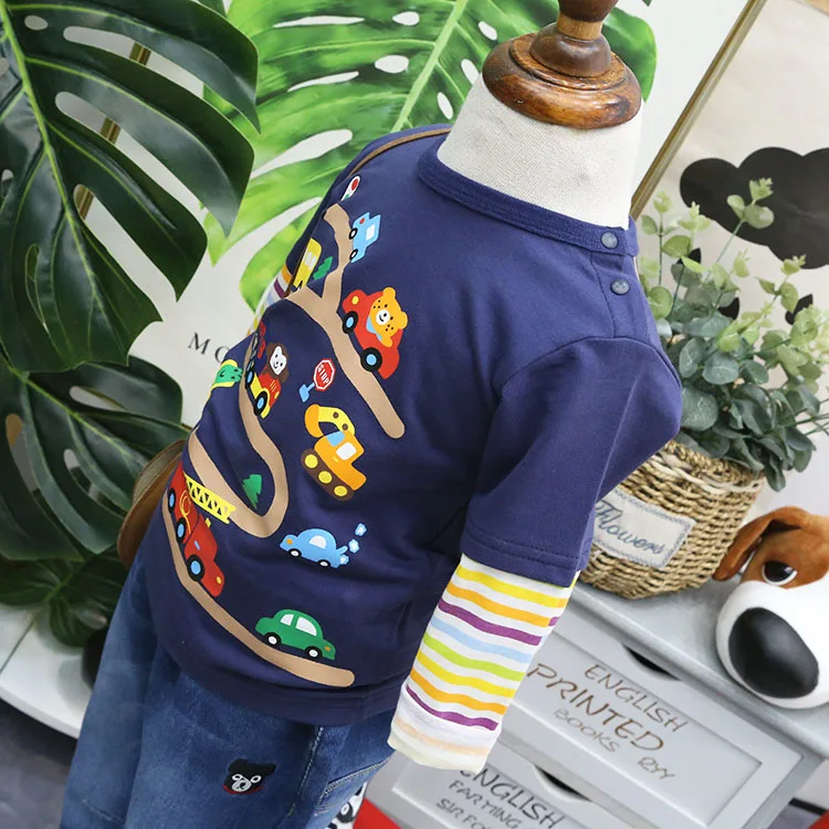 Childrenswear Spring New Style Cartoon Printed Mock Two-Piece Child Long-sleeved T-shirt Children Long Sleeve 18092