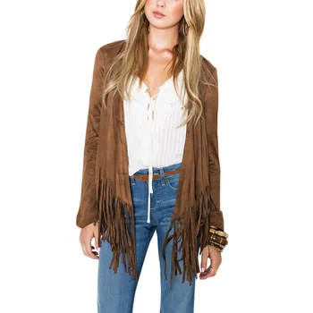 

Autumn Winter Faux Suede Slim Coat Women Long Sleeve Tassels Cardigan Femme Ethnic Fringed Jacket