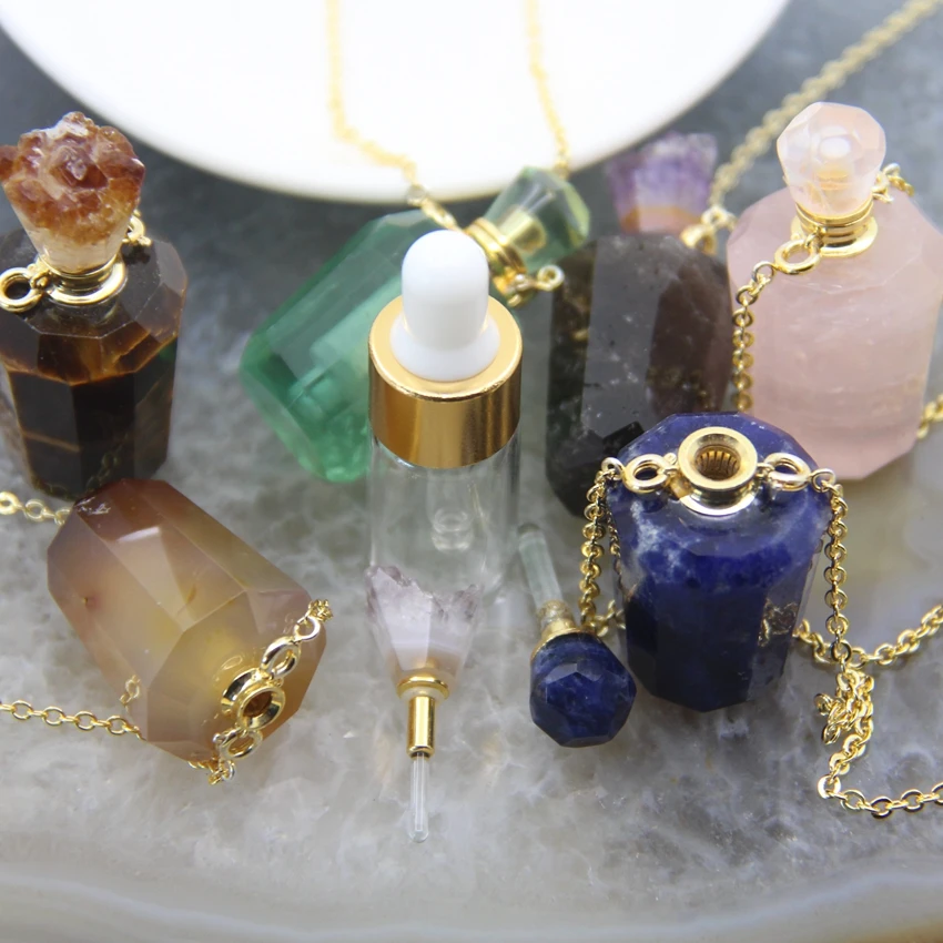 Natural Quartz Cut Faceted Perfume Bottle Pendants,Healing Crystal Essential Oil Diffuser Vial Necklace Jewelry For Women Gift