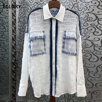 

High Quality Designer Blouses Women Turn-down Collar Tassel Wool Patchwork Long Sleeve Casual Loose White Shirt Female Tops