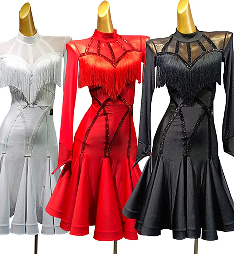 Женское платье для латинских танцев, Vestido Flecos, с кисточками, Фламенго, Румба/Танго/Сальса, конкурентное черное, красное, латинское платье, новинка