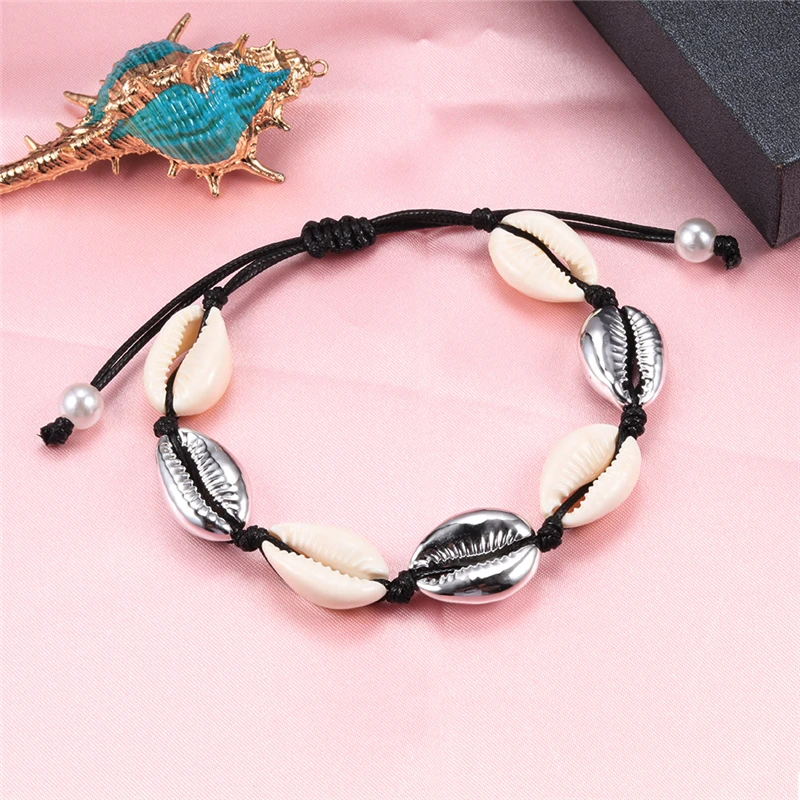 

Handmade Knot Shell Bracelet Summer Natural Cowrie Shell Bracelets Black White Rope Seashell Bangle Bohemian Beach Charm Jewelry