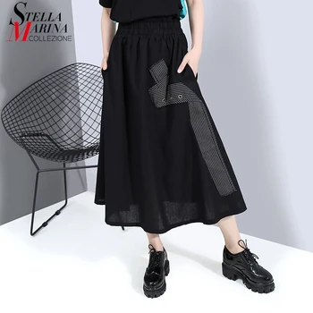 

* New 2020 Casual Style Women Summer Black A-Line Dress Striped Tape High Waist Mid Calf Length Ladies Streetwear Skirts 6399
