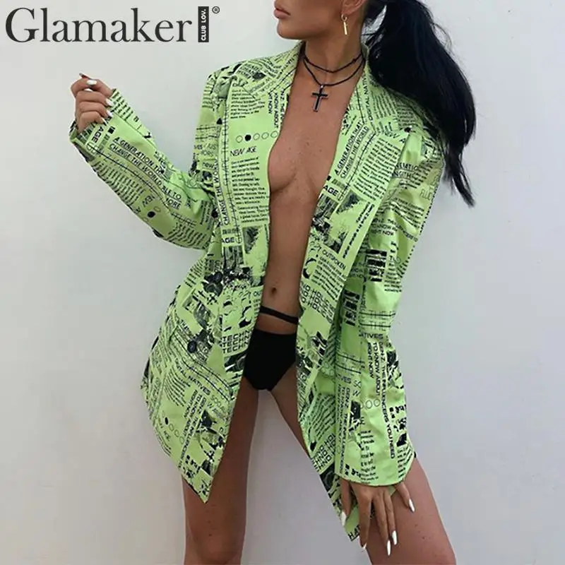 Glamaker зеленый газета Письмо печати с длинным рукавом пальто повседневное для женщин осень зима блейзер короткая модная Клубная одежда Элегантная куртка