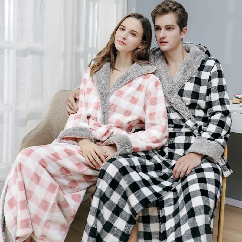 

Fashion Printed Plaid Fannel Long Robes Women Newest Autumn Winter Hooded Couples Nightgown Morning Gown Thickened