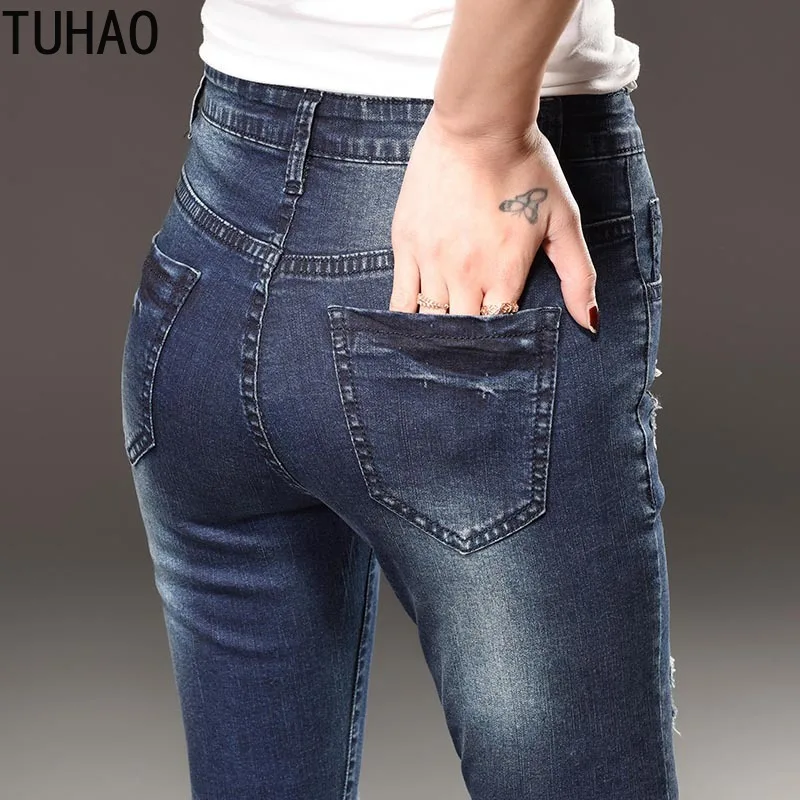 TUHAO 7XL 6XL брюки рваные джинсы для женщин в стиле бойфренд размера плюс 4XL 5XL джинсовые синие женские джинсы с высокой талией повседневные женские джинсы LZ12