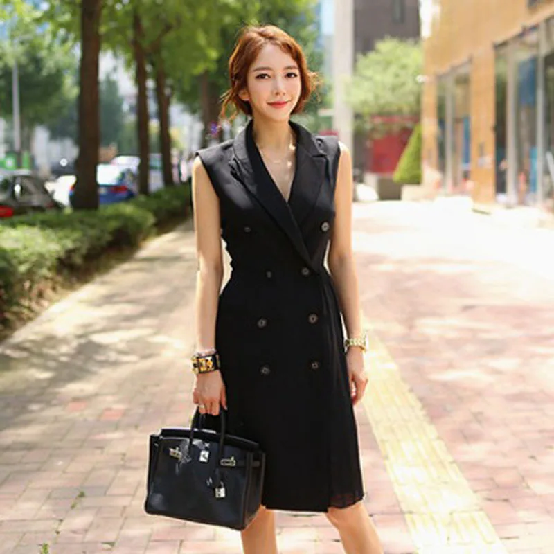 

WOMEN'S Dress 2019 Summer New Products Ol Career Elegant Suit Collar Double Breasted Slim Fit Sleeveless Pleated Dress